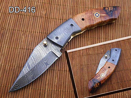 7.25" Folding Knife, 3.25" Hand Forged Twist Pattern Damascus Steel Blade, Wood Scales, Pocket Knife, Liner Lock & Thumb knob Equipped, Cow Hide Leather Sheath