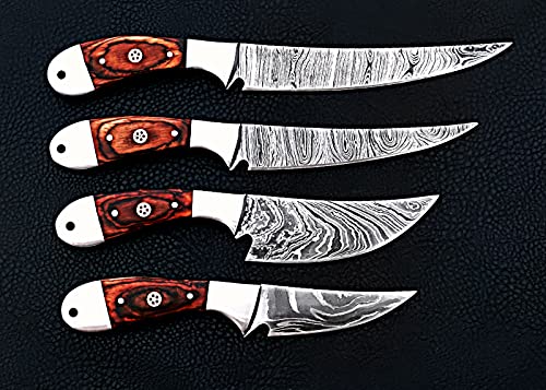 4 pieces Damascus steel fillet knife set, over all 40" long knives set with Orange wood scale and steel bolsters, includes leather Roll bag
