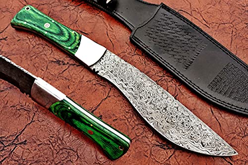 Damascus Steel Kukri Knife 14 Inches Custom Made with 9" Long Hand Forged Rain Drop Pattern Blade Green Wood Scale, Cow Leather Sheath