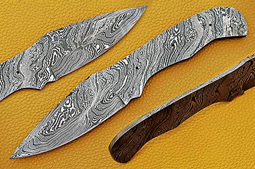 Knife Making Supplies Damascus Steel Blank Blade 9 inches Long Hand Forged Skinning Knife Blade, Drop Point Blade Pocket Knife with 3 Pin Hole, 4 inches Cutting Edge, 4.5" Scale Space