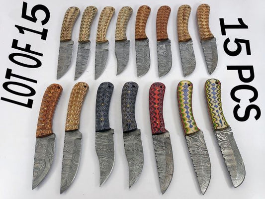 15 pieces Damascus steel fixed blade skinning knives lot with Leather sheath. Over 95 inches long Damascus steel knives in assorted colors
