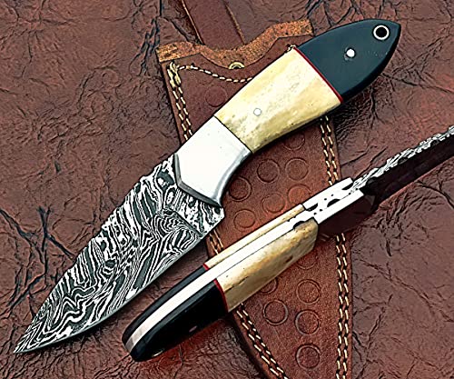 9" Long Drop Point Blade Skinning Knife, Hand Forged Fire Pattern Damascus Steel Full Tang Blade, Camel Bone and Bull Horn Scale with Steel Bolster, Cow Leather Sheath