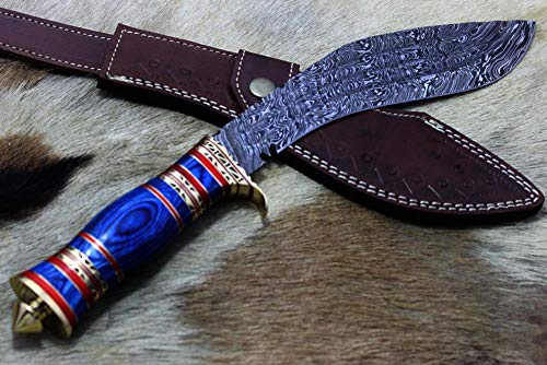 15 Inches long Blue color scale Damascus steel Kukri knife, 10" long Custom made triple layered Hand Forged Damascus Steel blade, Blue color Hand crafted scale with engraved brass Finger guard and pommel, Cow hide Leather Sheath