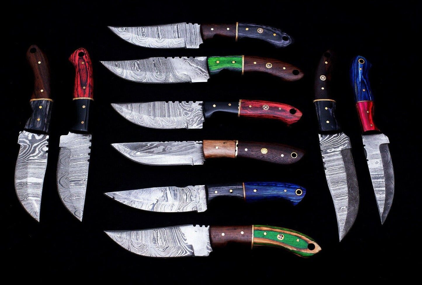 10 pieces Damascus steel Round scale skinning knives set with Leather sheath. Overall 85 inches long Damascus steel blade knives
