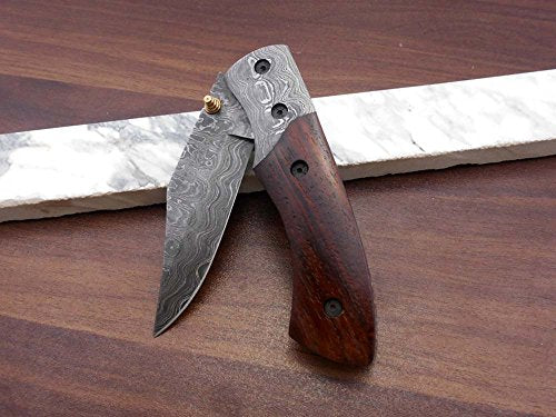 8" long hand forged custom made Damascus steel pocket clip folding knife, Natural scale with Damascus Bolster cow leather sheath (White) (Brown)