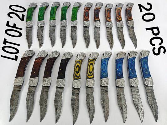 20 pieces lot of Damascus steel Back lock folding knife with Leather Sheath, Assorted color scales