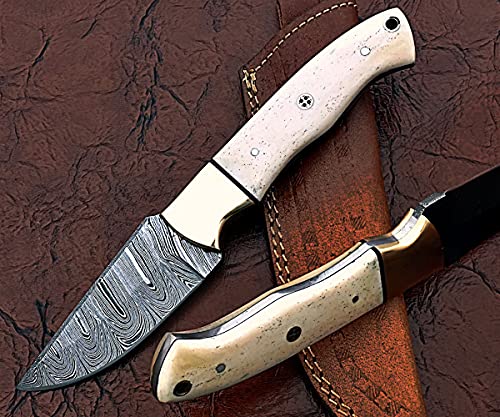 8.5" Long Straight Back Blade Skinning Knife, Hand Forged Ladder Pattern Damascus Steel Full Tang Blade, Natural Camel Bone Scale with Brass Bolster, Cow Leather Sheath
