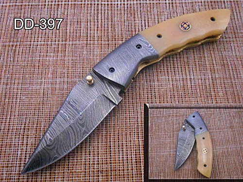 7.25" Folding Knife, 3.25" Hand Forged Twist Pattern Damascus Steel Blade, Black G-10 Scales, Pocket Knife, Liner Lock & Thumb knob Equipped, Cow Hide Leather Sheath (Bull Horn)