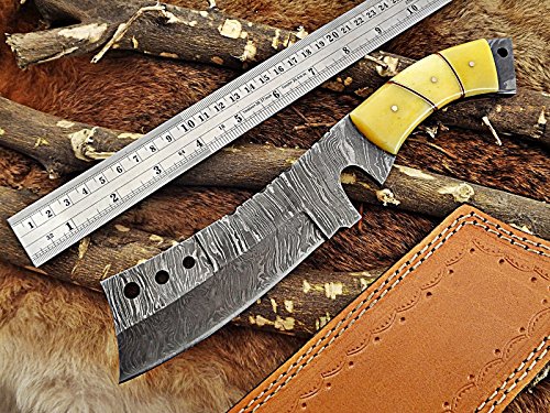 Damascus Steel kitchen Knife Custom made 11 Inches long Hand Forged Damascus steel Cleaver Knife Full Tang Chopper Knife, Butcher Knife Natural Camel Bone Scale, cow leather sheath