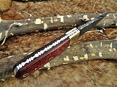 8" Red Damascus steel gut hook blade Skinning pocket knife with Leather sheath