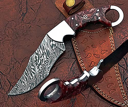 9" Long Hand Forged Damascus Steel Karambit Knife, Multi Color Wine Raison Scale with Steel Bolster and Finger Hole, Includes Cow Leather Sheath