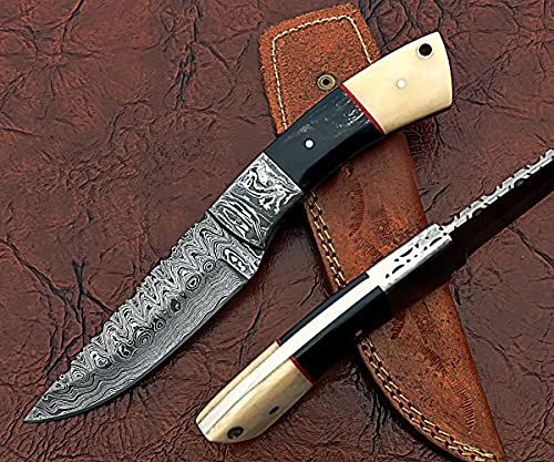 9" Long Straight Back Blade Skinning Knife, Hand Forged rain Drop Pattern Damascus Steel Full Tang Blade, Camel Bone and Bull Horn Scale with Steel Bolster, Cow Leather Sheath