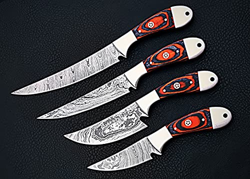 4 pieces Damascus steel kitchen knife set, over all 40" long knives set with Orange wood scale and steel bolsters, includes leather Roll bag
