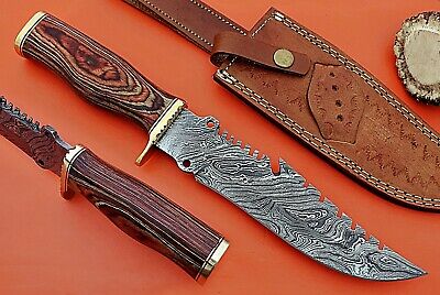 Damascus steel Gut hook hunting knife, Finger guard wood scale, leather Sheath