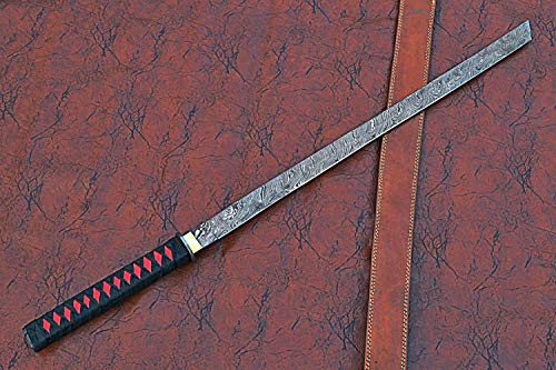 40 inches Long Ninja Sword, 28" Long Hand Forged Damascus Steel Blade, Steel Grip Wrapped with Black Fabric, Brass rain Guard, Includes Leather Scabbard with Shoulder Stripe