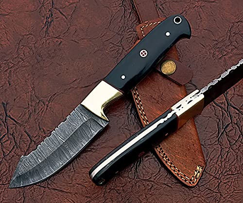 9" Long Modified Trailing Point Blade Skinning Knife, Hand Forged Ladder Pattern Damascus Steel Full Tang Blade, Bull Horn Scale with Brass Bolster, Cow Leather Sheath