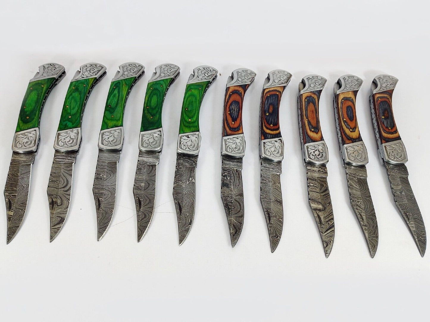20 pieces lot of Damascus steel Back lock folding knife with Leather Sheath, Assorted color scales