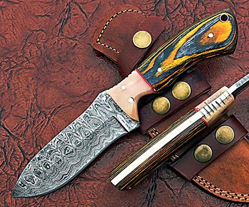 9" Long Hand Forged rain Drop Pattern Damascus Steel Skinning Knife, 4.5" Full Tang Hand Forged Blade, Multi Color Wood Scale, Cow Hide Leather Sheath with Belt Loop