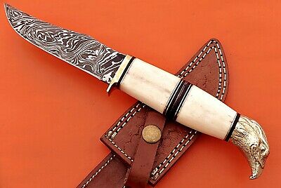 10" trailing point blade custom skinning knife with eagle pomel, Leather sheath