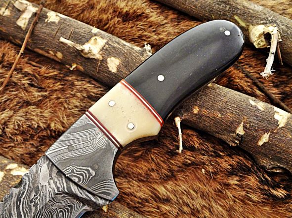 8" Long hand forged full tang Damascus steel drop point gut hook blade compact Knife, Dollar wood with Damascus Bolster scale, Cow Leather sheath (Copy)