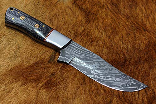 9" Long Hand Forged Twist Pattern Damascus Steel Full Tang Blade Skinning Knife, 2 Tone Black Dollar Wood Scale with Damascus Bolster & Inserting Hole, Cow Leather Sheath with Belt Loop Included