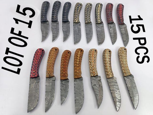 15 pieces Damascus steel Multi color jigged scale skinning knives set with Leather sheath. Over 110 inches long Damascus steel blade knives