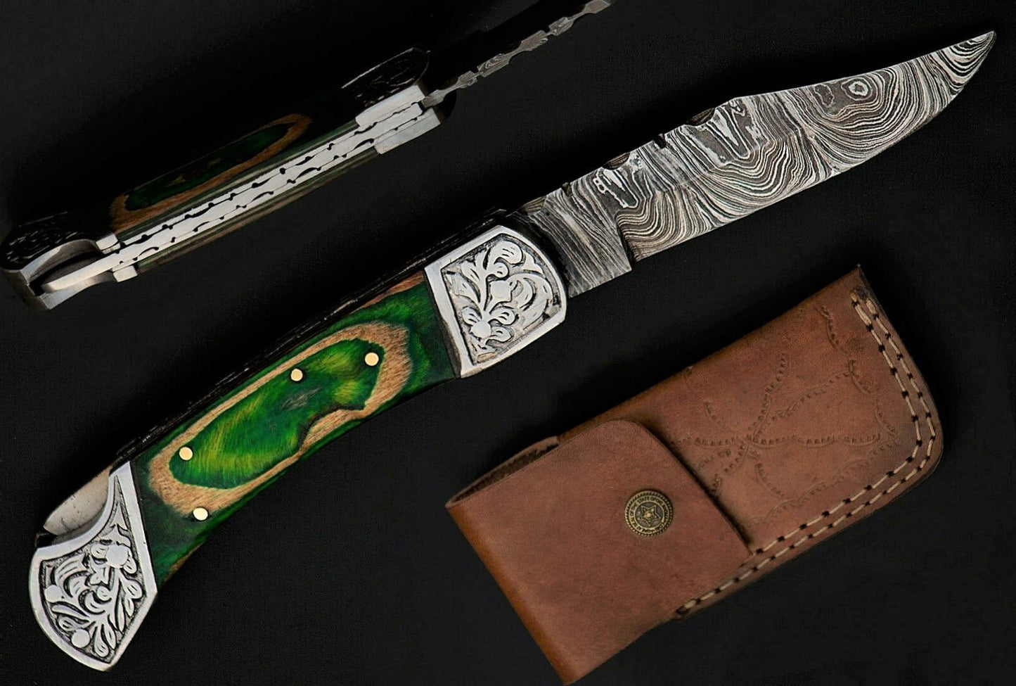 9" long back lock Folding Knife, parrot green wood Scale with Engraved steel bolster, custom made 4" Hand Forged Damascus steel blade, Cow hide leather sheath with belt loop