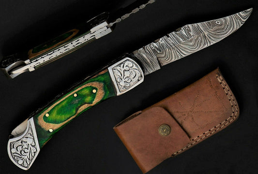 9" long back lock Folding Knife, parrot green wood Scale with Engraved steel bolster, custom made 4" Hand Forged Damascus steel blade, Cow hide leather sheath with belt loop