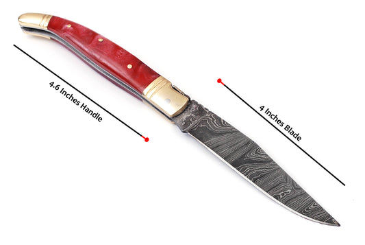 Folding Damascus steel knife, 8.5" Long with 4" hand forged custom twist pattern Blade. Unshrinkable wine color Raisen scale with brass bolster, Cow hide leather sheath included