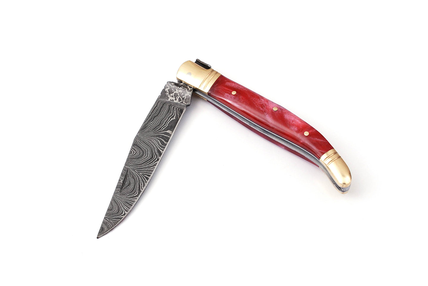 Folding Damascus steel knife, 8.5" Long with 4" hand forged custom twist pattern Blade. Unshrinkable wine color Raisen scale with brass bolster, Cow hide leather sheath included