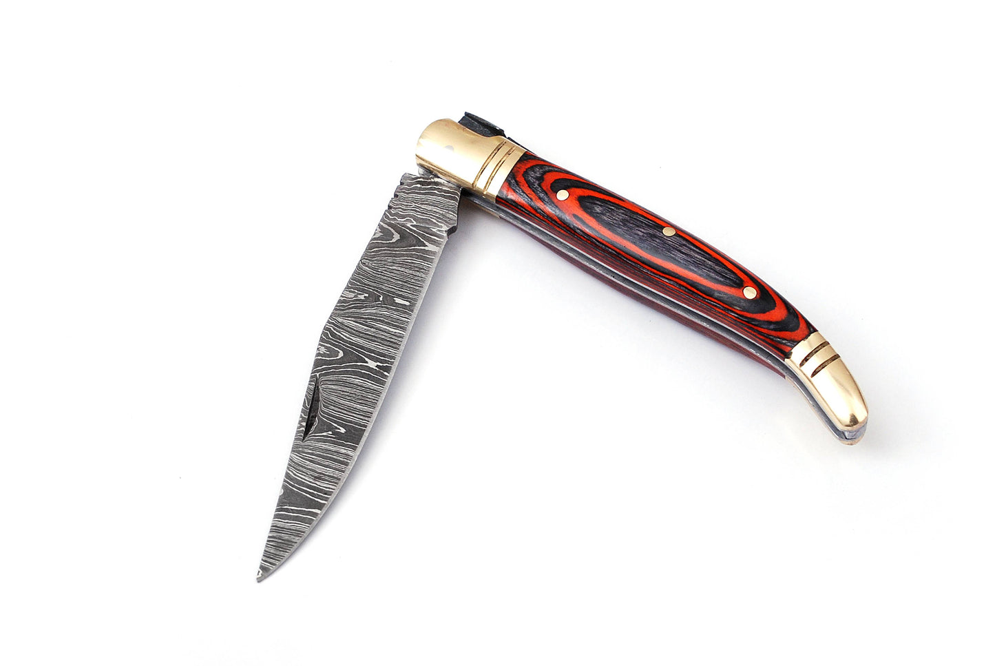 Folding Damascus steel knife, 8.5" Long with 4" hand forged custom twist pattern Blade. Orange & Black wood scale with brass bolster, Cow hide leather sheath included