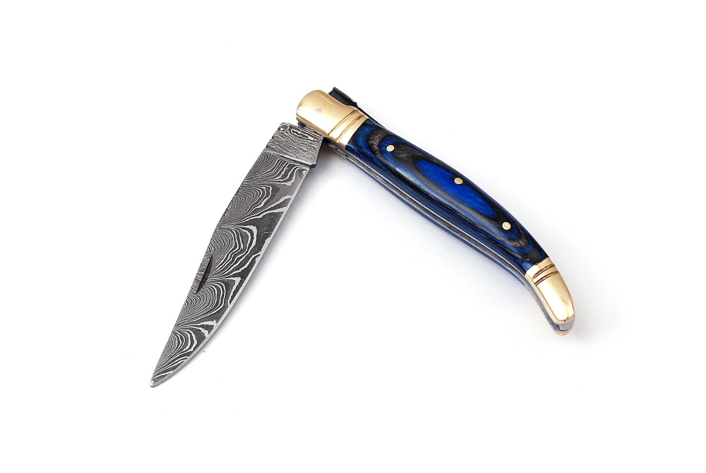 Copy of Laguiole Folding Damascus steel knife, 8.5" Long with 4" hand forged custom twist pattern Blade. 2 tone Blue wood scale with brass bolster, Cow hide leather sheath included