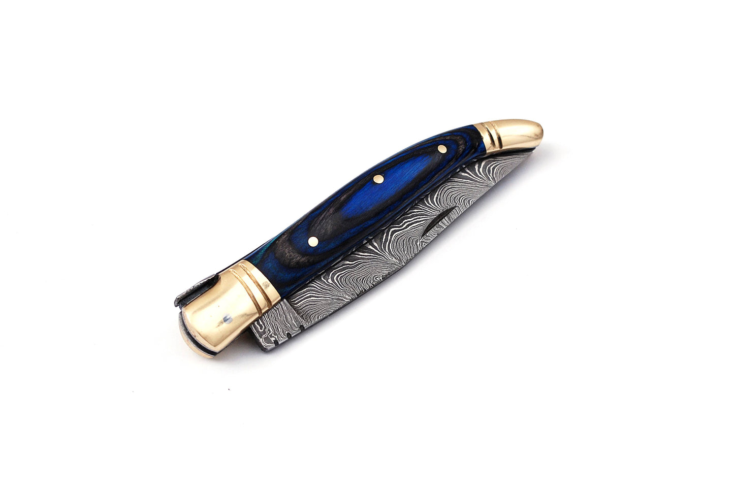 Copy of Laguiole Folding Damascus steel knife, 8.5" Long with 4" hand forged custom twist pattern Blade. 2 tone Blue wood scale with brass bolster, Cow hide leather sheath included