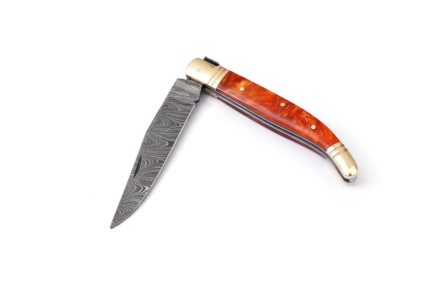 Laguiole Folding Damascus steel knife, 8.5" Long with 4" hand forged custom twist pattern Blade.Orange color unshrinkable Raisen scale with brass bolster, Cow hide leather sheath included