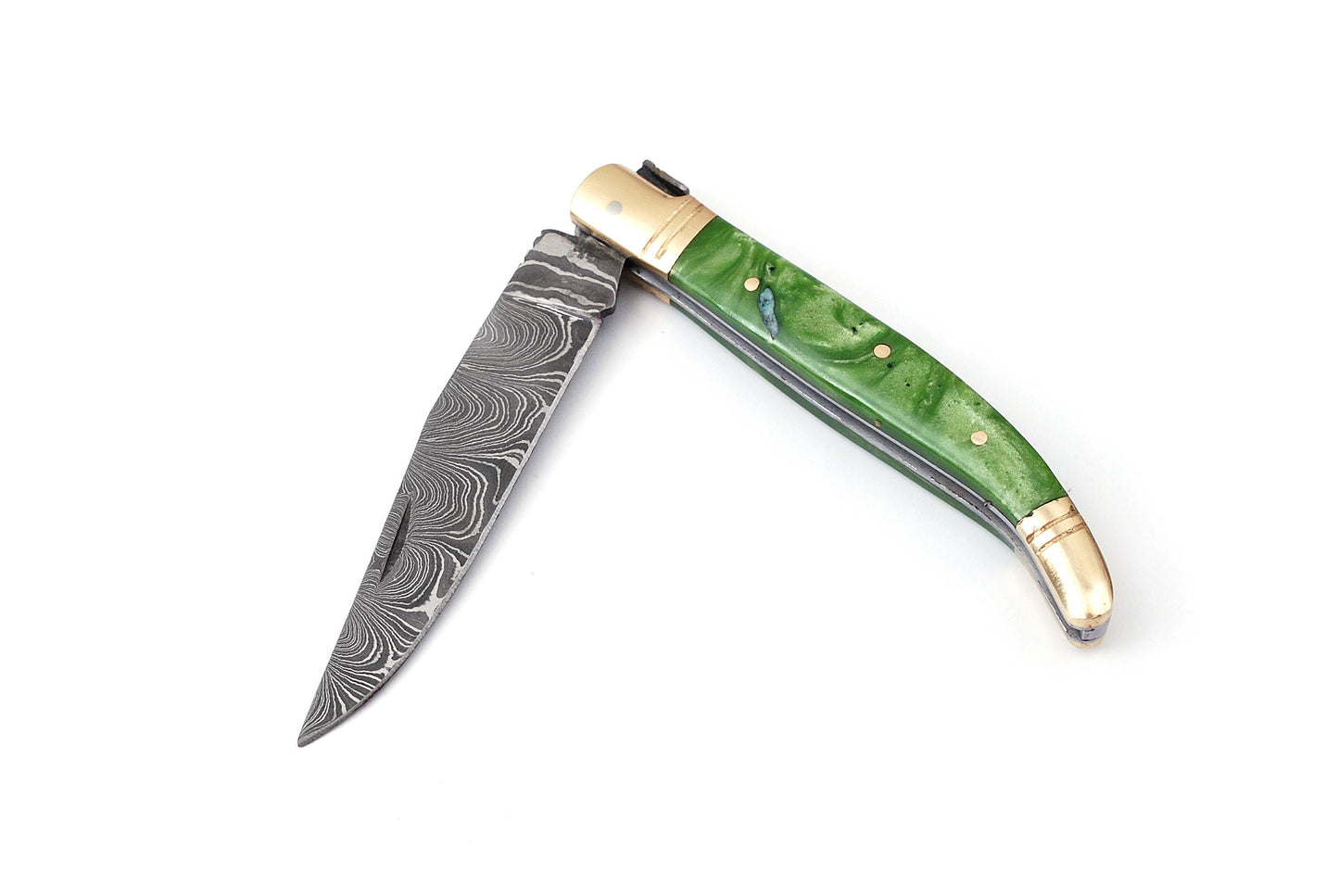 Laguiole Folding Damascus steel knife, 8.5" Long with 4" hand forged custom twist pattern Blade. Green color unshrinkable Raisen scale with brass bolster, Cow hide leather sheath included