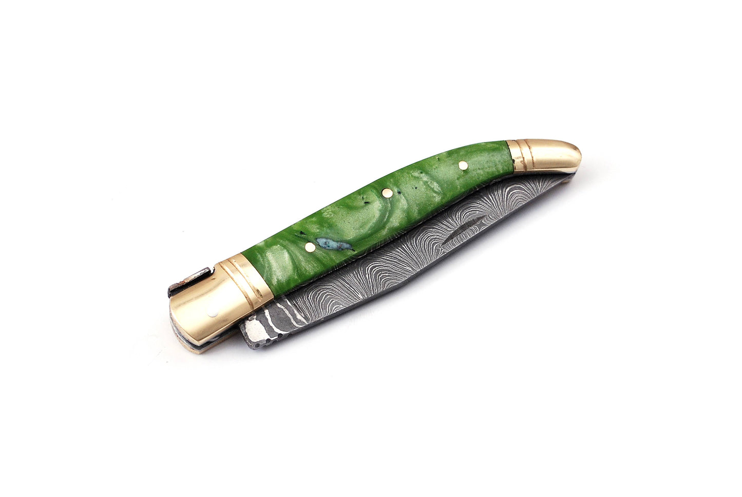 Laguiole Folding Damascus steel knife, 8.5" Long with 4" hand forged custom twist pattern Blade. Green color unshrinkable Raisen scale with brass bolster, Cow hide leather sheath included