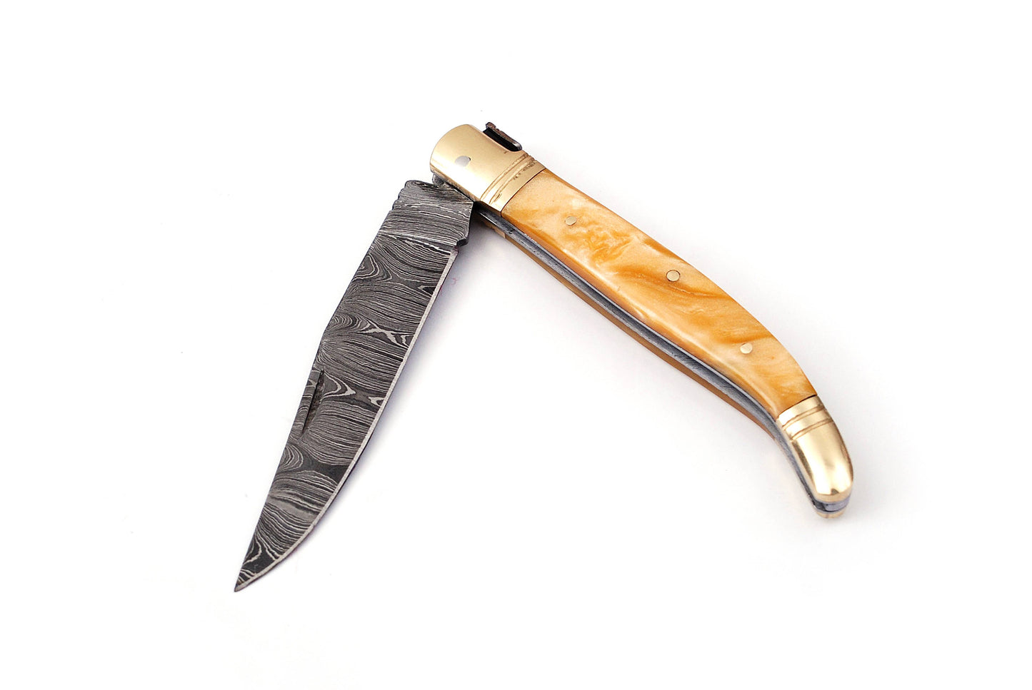 Copy of Laguiole Folding Damascus steel knife, 8.5" Long with 4" hand forged custom twist pattern Blade. Beige color unshrinkable Raisen scale with brass bolster, Cow hide leather sheath included