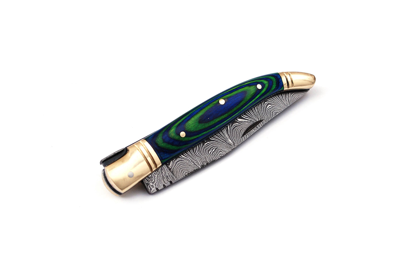 Folding Damascus steel knife, 8.5" Long with 4" hand forged custom twist pattern Blade. 2 tone Blue & Green wood scale with brass bolster, Cow hide leather sheath included