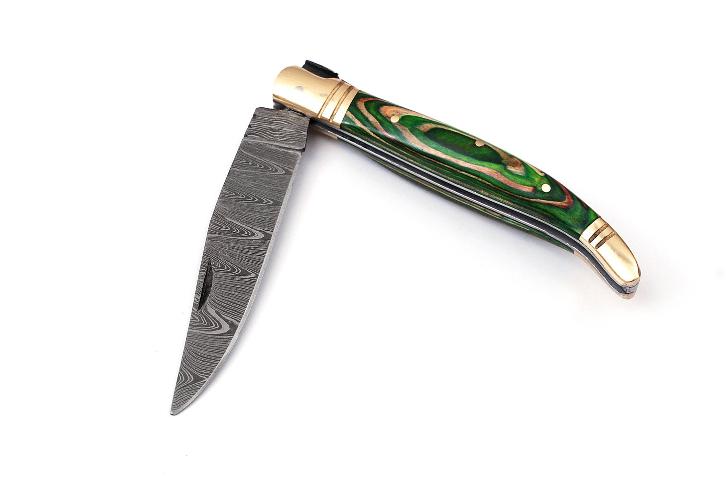 Folding Damascus steel knife, 8.5" Long with 4" hand forged custom twist pattern Blade.2 tone green wood scale with brass bolster, Cow hide leather sheath included
