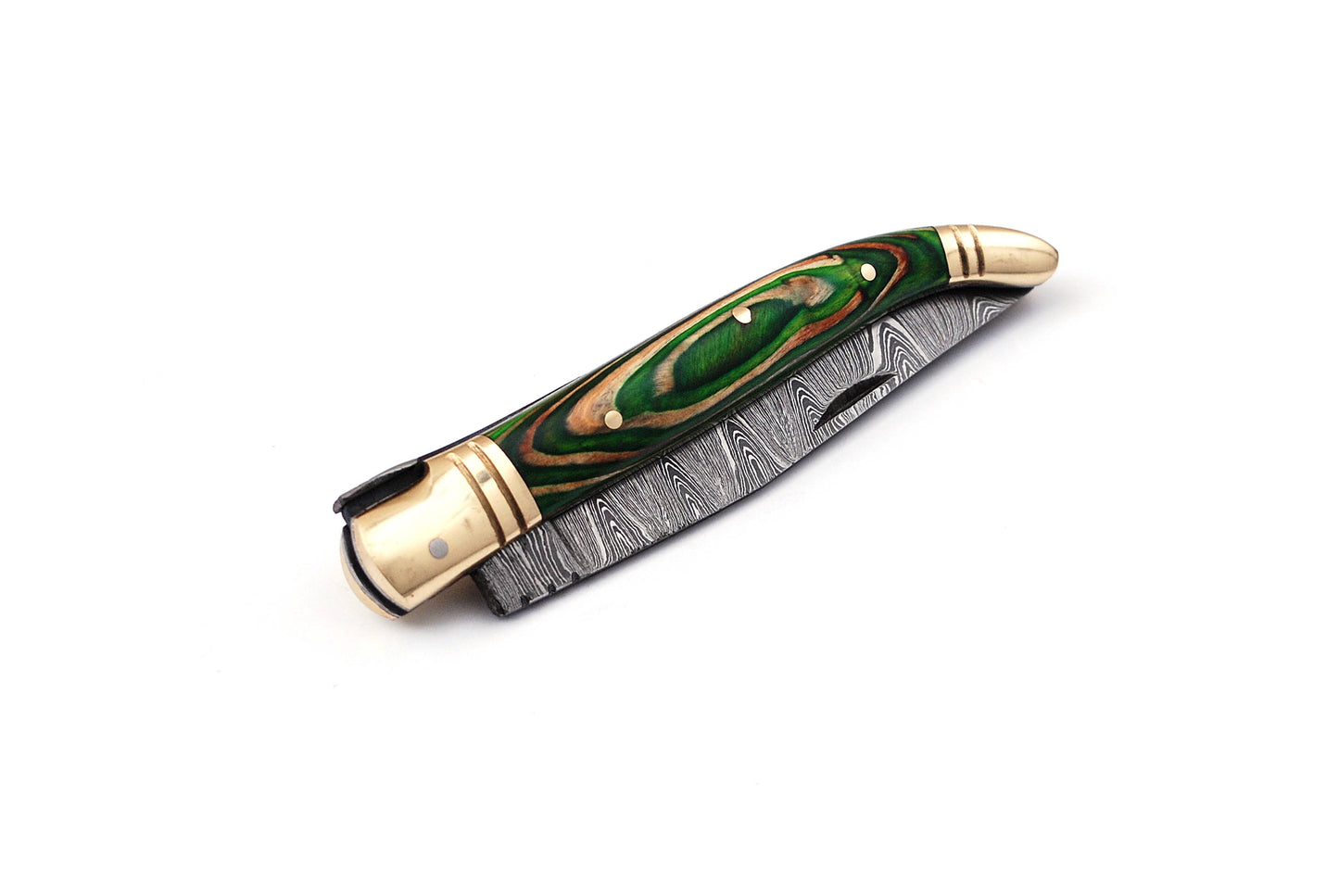 Folding Damascus steel knife, 8.5" Long with 4" hand forged custom twist pattern Blade.2 tone green wood scale with brass bolster, Cow hide leather sheath included