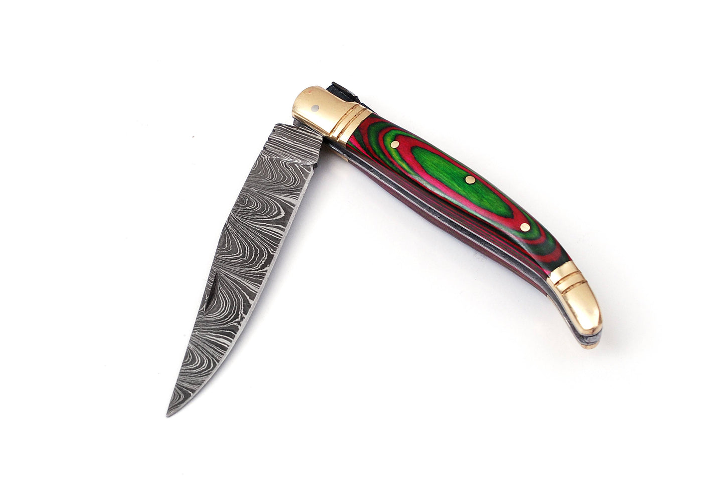 Copy of Copy of Laguiole Folding Damascus steel knife, 8.5" Long with 4" hand forged custom twist pattern Blade. Red & Green wood scale with brass bolster, Cow hide leather sheath included