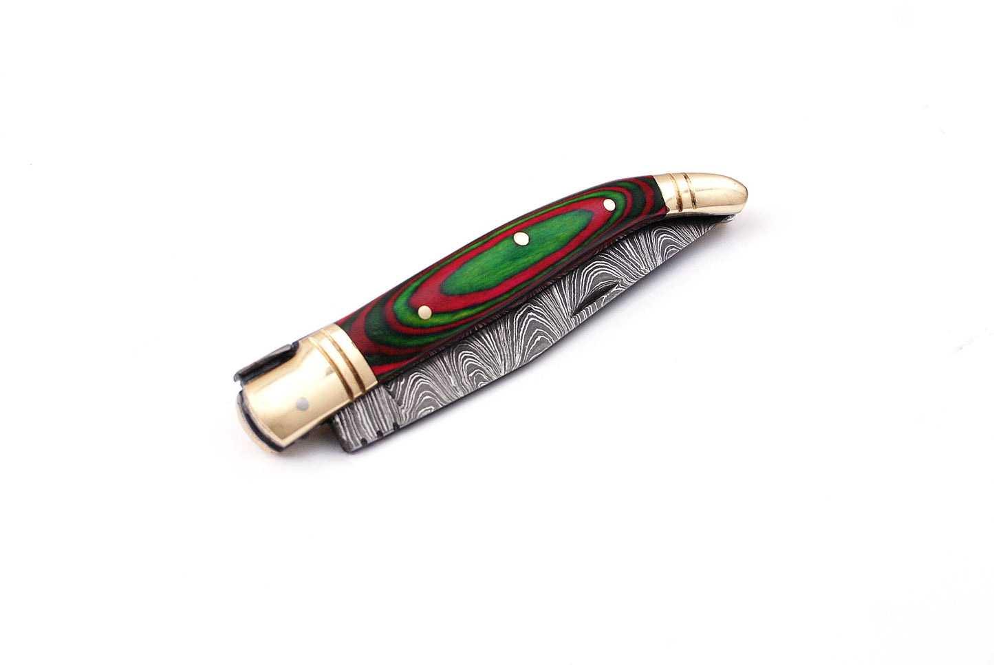 Copy of Copy of Laguiole Folding Damascus steel knife, 8.5" Long with 4" hand forged custom twist pattern Blade. Red & Green wood scale with brass bolster, Cow hide leather sheath included