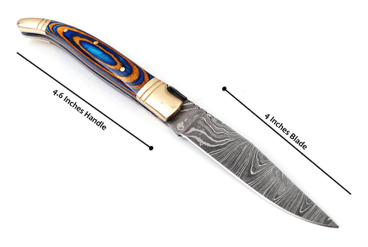 Laguiole Folding Damascus steel knife, 8.5" Long with 4" hand forged custom twist pattern Blade.Blue & Orange wood scale with brass bolster, Cow hide leather sheath included