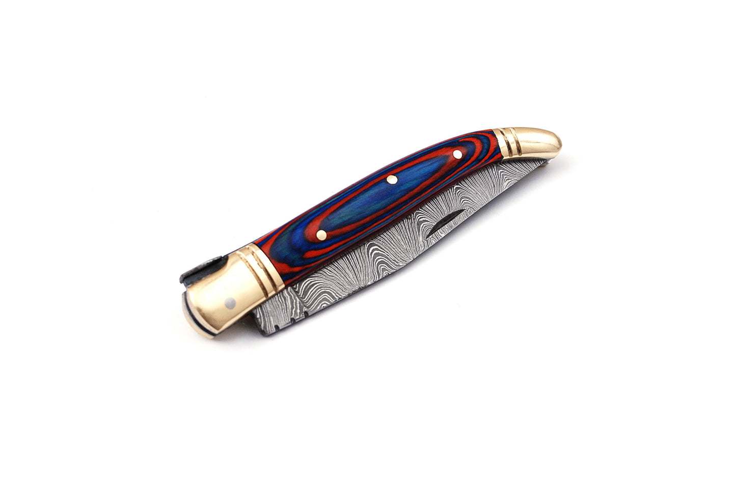 Copy of Laguiole Folding Damascus steel knife, 8.5" Long with 4" hand forged custom twist pattern Blade.Blue & Red wood scale with brass bolster, Cow hide leather sheath included