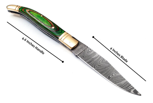 Folding Damascus steel knife, 8.5" Long with 4" hand forged custom twist pattern Blade. 2 tone Green wood scale with brass bolster, Cow hide leather sheath included
