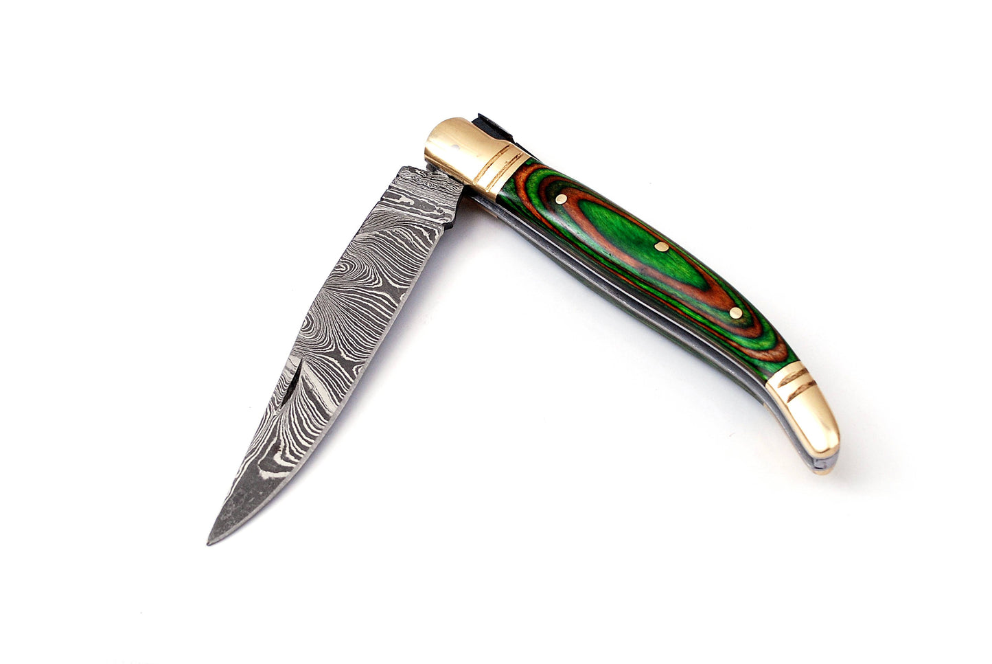 Folding Damascus steel knife, 8.5" Long with 4" hand forged custom twist pattern Blade. 2 tone Green wood scale with brass bolster, Cow hide leather sheath included