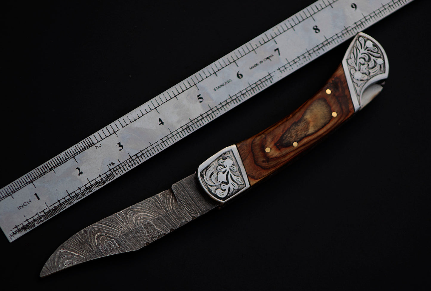 Copy of Copy of 9" long back lock Folding Knife, Brown wood Scale with Engraved steel bolster, custom made 4" Hand Forged Damascus steel blade, Cow hide leather sheath with belt loop