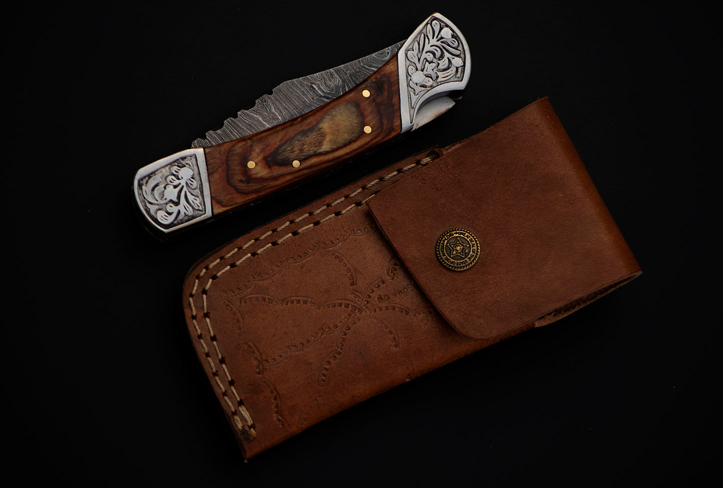 Copy of Copy of 9" long back lock Folding Knife, Brown wood Scale with Engraved steel bolster, custom made 4" Hand Forged Damascus steel blade, Cow hide leather sheath with belt loop