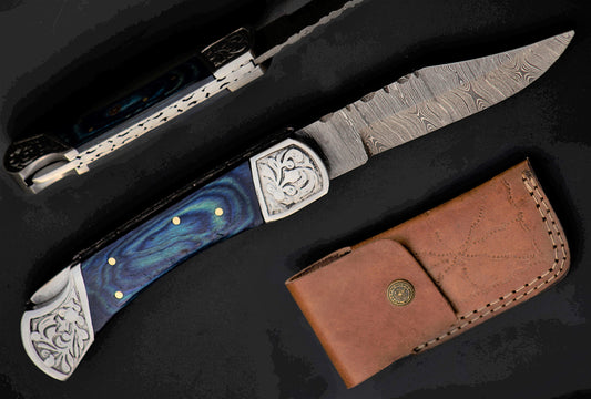 9" long back lock Folding Knife, Blue wood Scale with Engraved steel bolster, custom made 4" Hand Forged Damascus steel blade, Cow hide leather sheath with belt loop