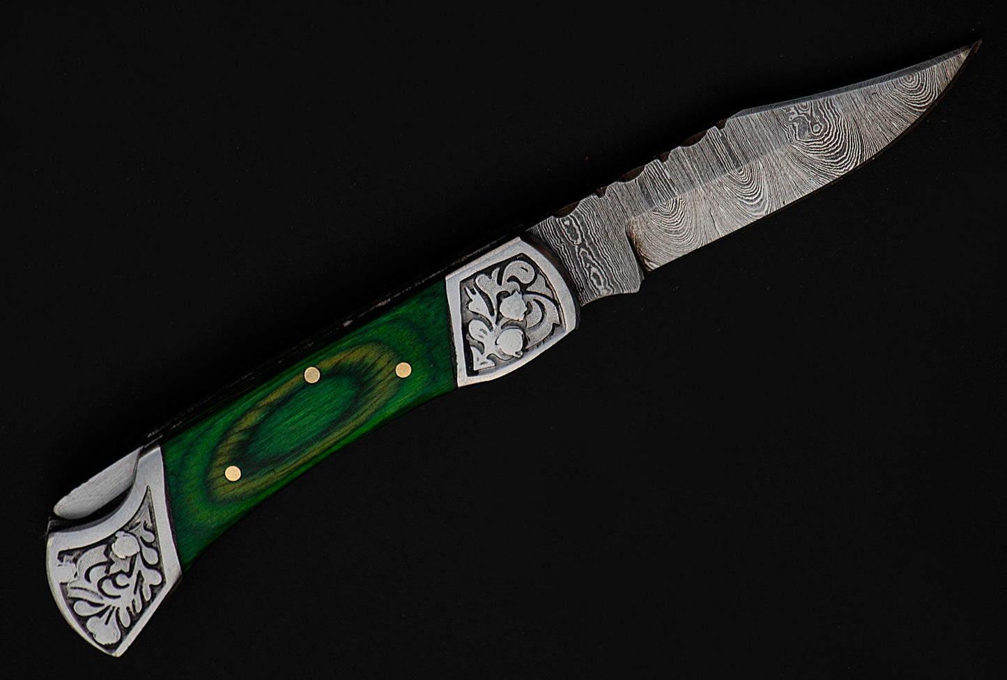 7" long back lock Folding Knife, Green colored wood Scale with Engraved steel bolster, custom made 3.25" Hand Forged Damascus steel blade, Cow hide leather sheath with belt loop